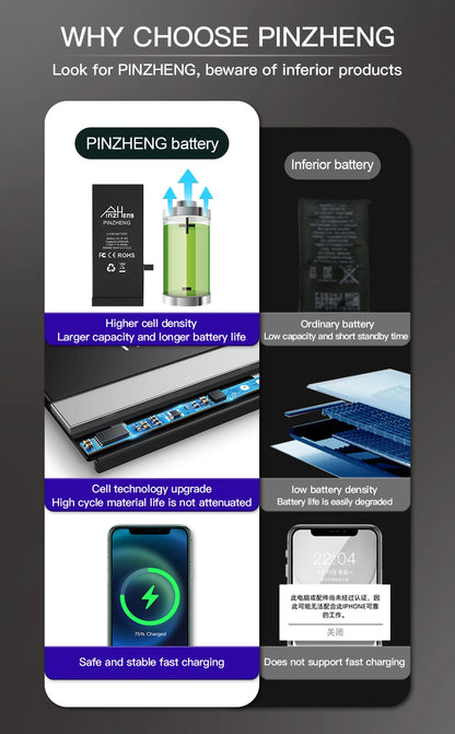 PINZHENG Battery For iPhone X XR XS 11 12 13 Mini Max Pro Promax Real High Capacity Replacement Bateria Warranty One Year