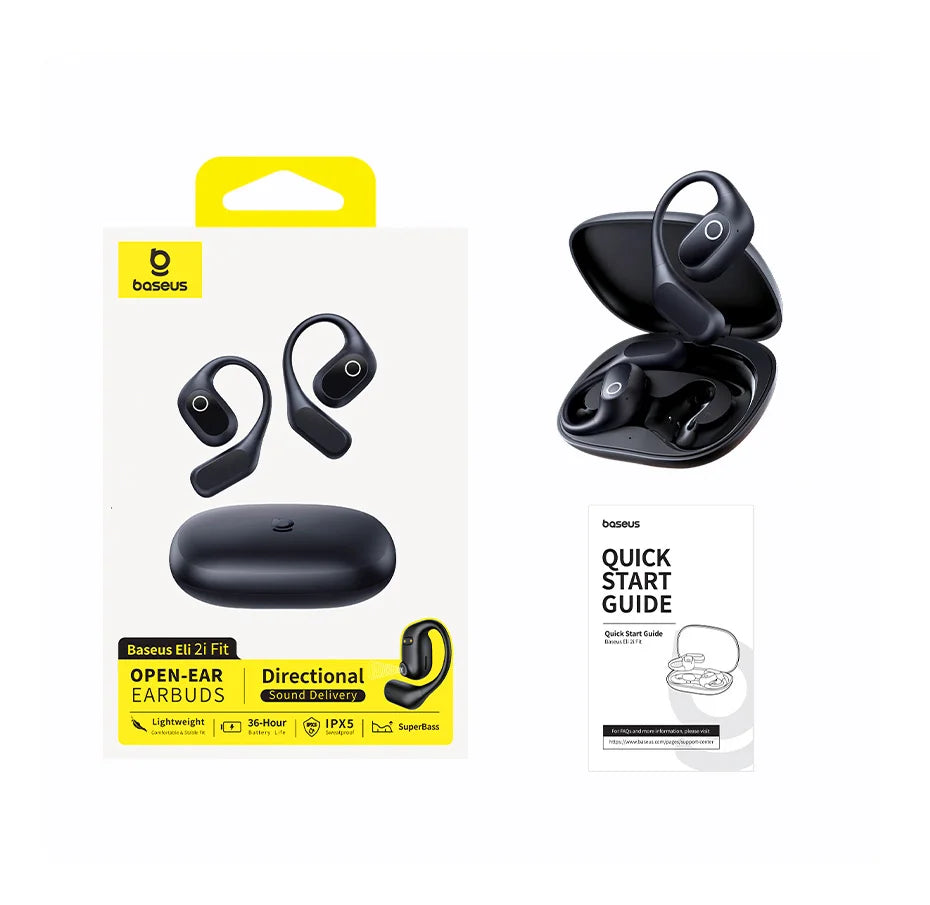 Baseus Eli 2i Fit Open-Ear Earphones True Wireless Bluetooth 6.0 Ear Hooks Headphones IPX5 Waterproof Sports Earbuds Bass Boost